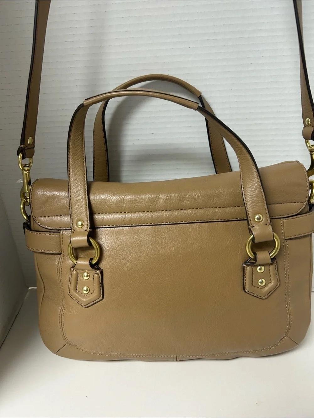 COACH Campbell Leather Eva Flap Satchel Bag Camel F26127 Y2K Neutral Minimalist